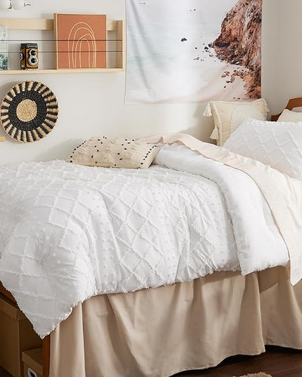 Bedsure Twin/Twin XL Comforter Set - White Boho Twin Extra Long Comforter Set for College, Shabby Chic Dorm Bedding Set, 2 Pieces Modern Farmhouse Bed Set, includes 1 Pillow Sham - LeafyLoom