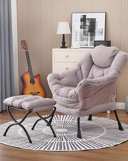 Lazy Chair and Ottoman, Large Accent Lounge Chair with Armrests and a Side Pocket, Modern Leisure Upholstered Sofa Reading Armchair with Footrest for Bedroom, Living Room, Dorm Rooms, Office - LeafyLoom