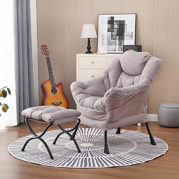 Lazy Chair and Ottoman, Large Accent Lounge Chair with Armrests and a Side Pocket, Modern Leisure Upholstered Sofa Reading Armchair with Footrest for Bedroom, Living Room, Dorm Rooms, Office - LeafyLoom