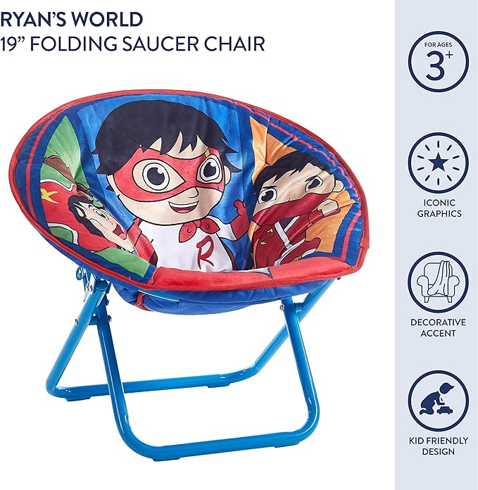 Ryan's World Toddler 19” Folding Saucer Chair with Cushion, Ages 3+ - LeafyLoom