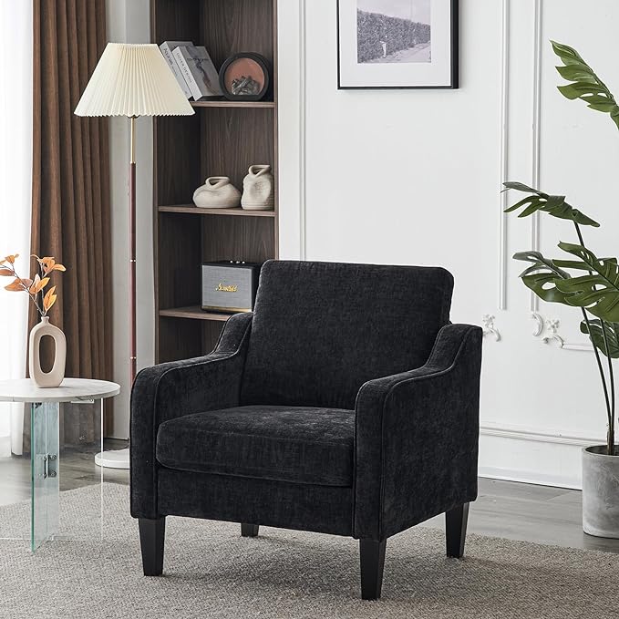 VINGLI Accent Chairs for Living Room Chairs Reading Chair Mid Century Modern Chair Soft Chenille Sofa Chair Upholstered Arm Chair Comfy Chair Side Chair (Black Chenille) - LeafyLoom