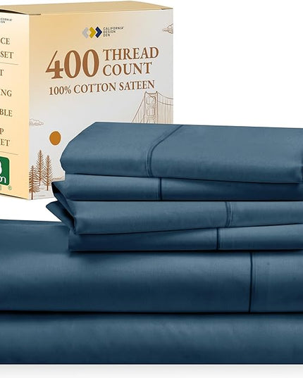 California Design Den 6-Pc Queen Size Sheet Set with 4 Pillowcases - 400 Thread Count 100% Cotton Sheets, Cooling Sateen Weave, Luxury Deep Pocket Bedsheets Set - Peacock Blue - LeafyLoom
