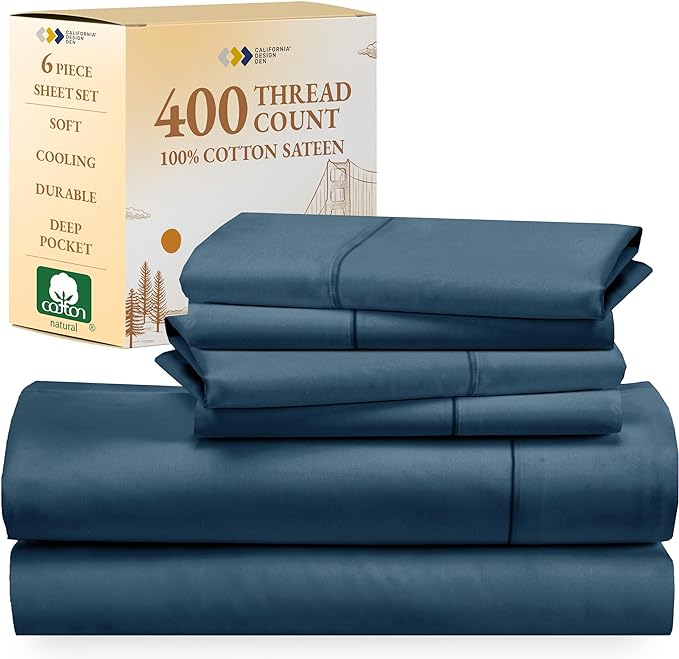 California Design Den 6-Pc Queen Size Sheet Set with 4 Pillowcases - 400 Thread Count 100% Cotton Sheets, Cooling Sateen Weave, Luxury Deep Pocket Bedsheets Set - Peacock Blue - LeafyLoom