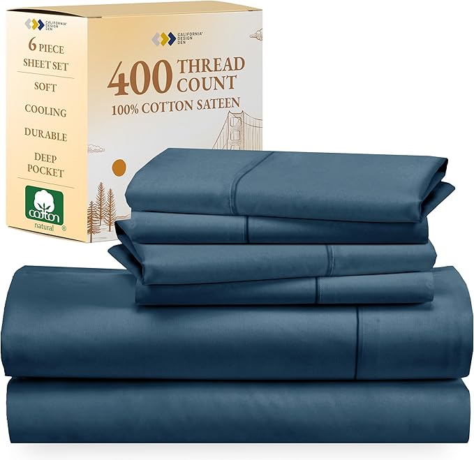 California Design Den 6-Pc King Size Sheet Set with 4 Pillowcases - Soft 400 Thread Count 100% Cotton Sheets, Cooling Sateen Weave, Luxury Deep Pocket Bedsheets Set - Peacock Blue - LeafyLoom