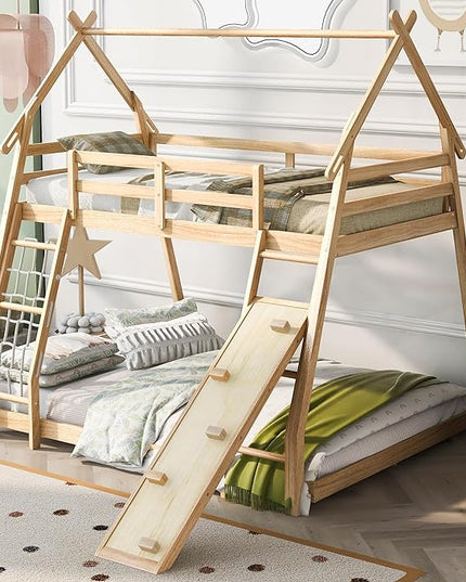 Twin Over Queen House Shape Bunk Bed, Wooden Bunk Beds House Bed with Climb Nets and Climbing Ramp for Kids Boys Girls Bedroom, No Box Spring Needed, Natural - LeafyLoom