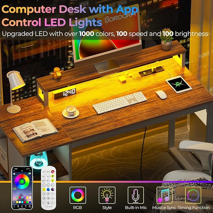 Small Computer Desk with LED Lights and Power Outlets 39.4 inch Home Office Desk with Storage Shelves, Writing Desk with Monitor Stand for Bedroom,Workstation, Walnut - LeafyLoom