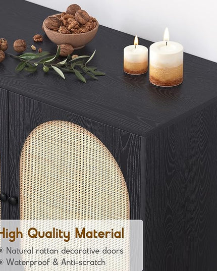 XIAO WEI Sideboard Cabinet with Handmade Natural Rattan Doors, Rattan Cabinet Accent Buffet Cabinet Console Table, for Living Room Dining Room Hallway kitchen-2 Pieces(Black Oval) - LeafyLoom