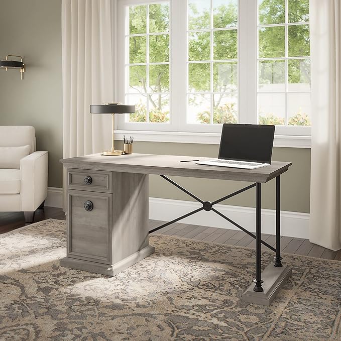 Bush Furniture Coliseum Designer Desk with Storage, Home Office Computer, 60W, Driftwood Gray - LeafyLoom