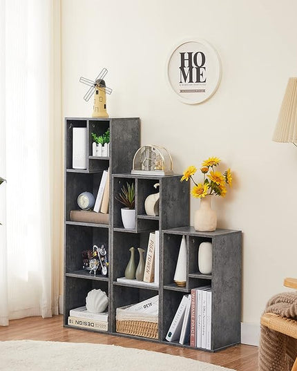 VECELO Small Bookshelf, 4 Cube Slim Bookcase, Fits Tallest Hardcovers, Horizontal Available, Modern Floor Standing Unit, Each Shelf Hold Up to 66 LBS, Modern Gray - LeafyLoom