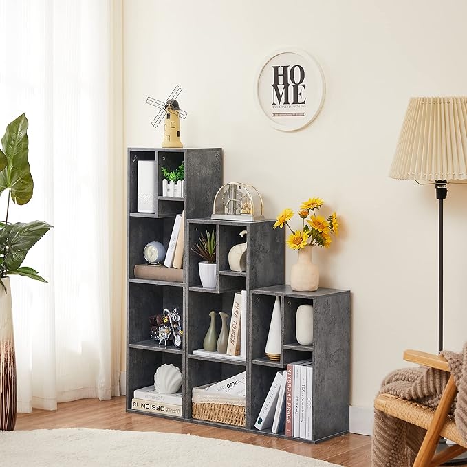 VECELO Small Bookshelf, 4 Cube Slim Bookcase, Fits Tallest Hardcovers, Horizontal Available, Modern Floor Standing Unit, Each Shelf Hold Up to 66 LBS, Modern Gray - LeafyLoom