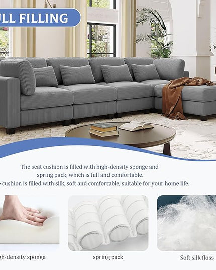 99.6" 5 Pieces L-Shaped Modular Sectional Sofa with Removable Ottomans and Waist Pillows, Modern Corduroy Fabric Upholstered Couch for Living Room, Apartment, Studio, Grey, 99.6 Inch - LeafyLoom