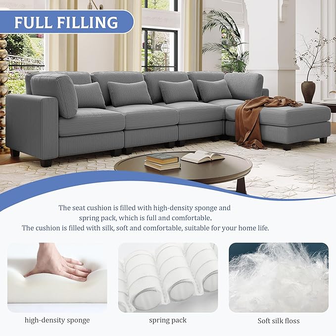 99.6" 5 Pieces L-Shaped Modular Sectional Sofa with Removable Ottomans and Waist Pillows, Modern Corduroy Fabric Upholstered Couch for Living Room, Apartment, Studio, Grey, 99.6 Inch - LeafyLoom