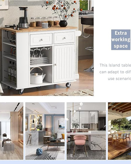 Kitchen Island with Power Outlet,Drop Leaf and Rubber Wood,Open Storage & Wine Rack,Storage Cart with 5 casters,w/Adjustable Storage for Home, Kitchen, and Dining Room, White - LeafyLoom