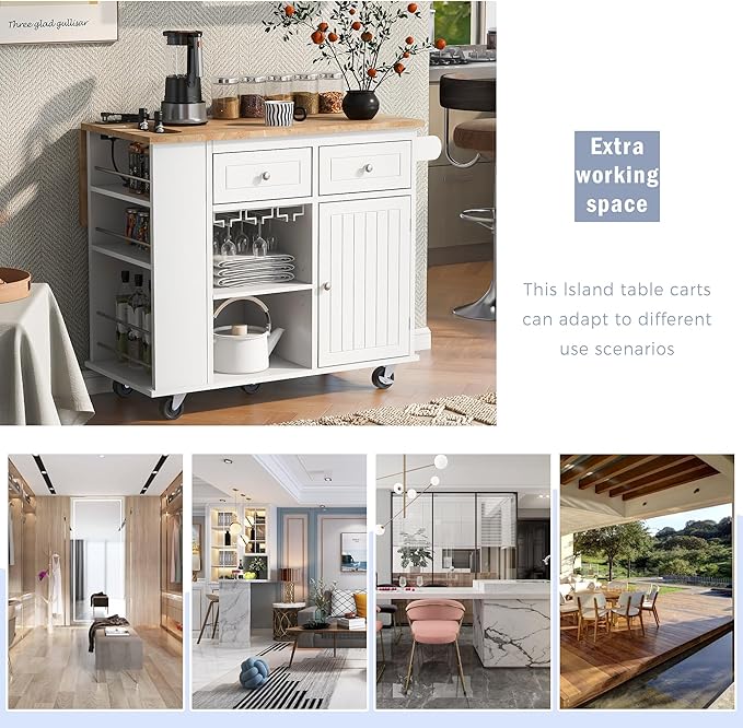 Kitchen Island with Power Outlet,Drop Leaf and Rubber Wood,Open Storage & Wine Rack,Storage Cart with 5 casters,w/Adjustable Storage for Home, Kitchen, and Dining Room, White - LeafyLoom
