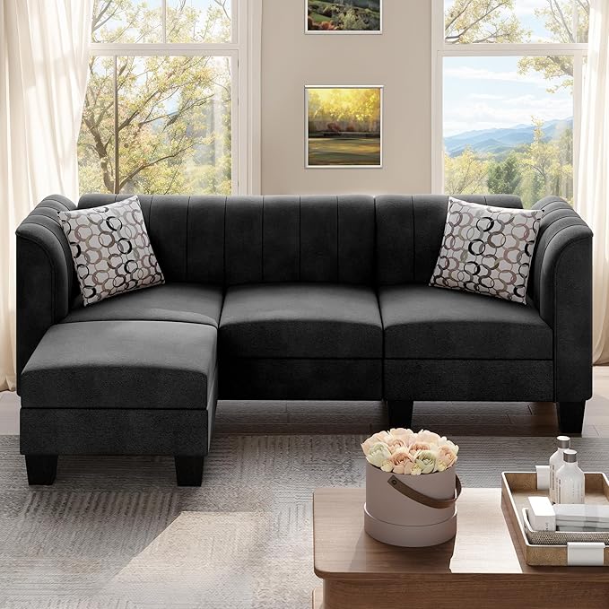 Shintenchi Upgraded Convertible Sectional Sofa Couch, 3 Seat L Shaped Sofa with High Armrest Linen Mid Century Fabric Small Couch for Living Room, Apartment and Office (Charcoal) - LeafyLoom