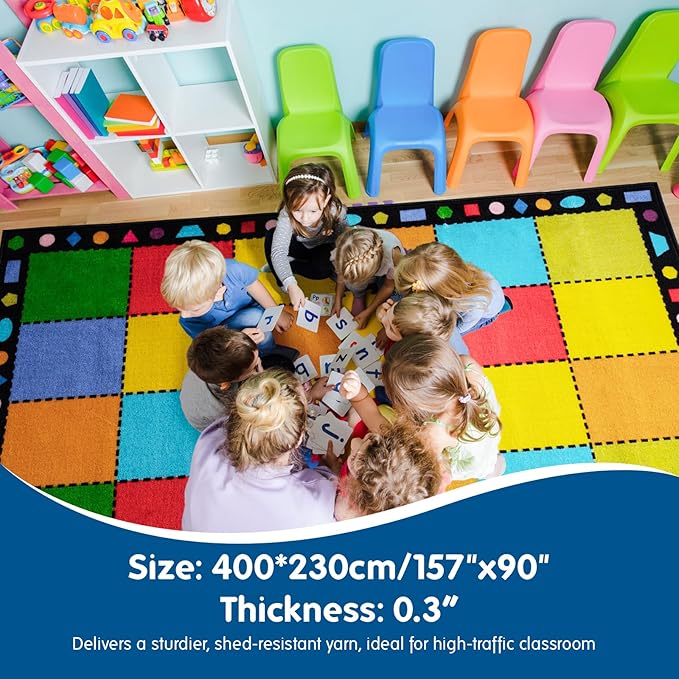 Booooom Jackson Thick Classroom Rug Elementary,13'x7'5'' Large Classroom Carpet Preschool Seating Rug for School, Colorful Classroom Rug for Classroom with 0.3'' Non-Slip Backing - LeafyLoom