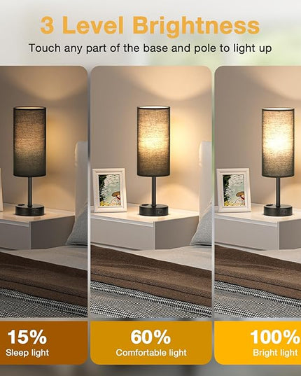 Black Touch Table Lamps Set - 3 Way Dimmable Bedroom Bedside Lamps Set of 2 with USB C and A Ports, Small Lamps for Nightstand with AC Outlet, Round Flaxen Shade for Desk, Office, Dorm, Nursery - LeafyLoom
