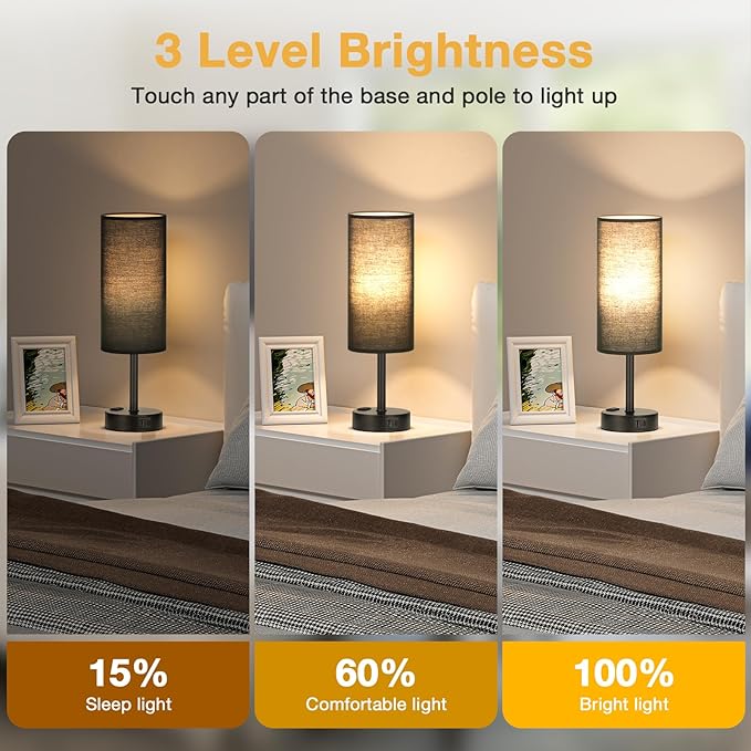 Black Touch Table Lamps Set - 3 Way Dimmable Bedroom Bedside Lamps Set of 2 with USB C and A Ports, Small Lamps for Nightstand with AC Outlet, Round Flaxen Shade for Desk, Office, Dorm, Nursery - LeafyLoom