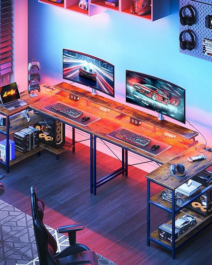 ODK 48 Inch Gaming Desk with USB Charging Ports and LED Lights, Reversible L Shaped Computer Desk with Storage Shelves & Monitor Stand, Corner Home Office Desk Table with Power Outlets, Vintage - LeafyLoom