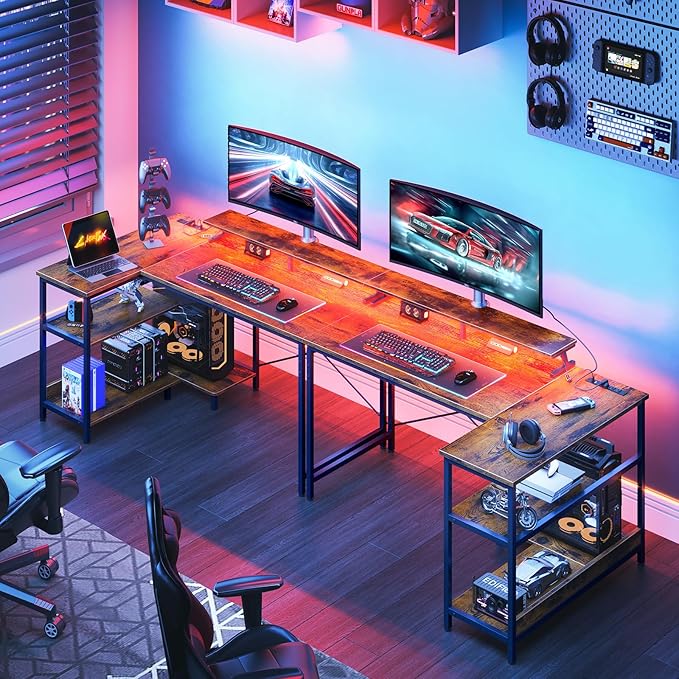 ODK 48 Inch Gaming Desk with USB Charging Ports and LED Lights, Reversible L Shaped Computer Desk with Storage Shelves & Monitor Stand, Corner Home Office Desk Table with Power Outlets, Vintage - LeafyLoom