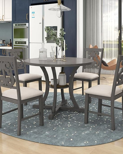 5-Piece Dinette Sets includes Round Kitchen Dining Table & 4 Fabric Chairs with Special-shaped Legs and Storage Shelf, for Diningroom Living Room, Easy to Assemble, Gray 3 - LeafyLoom