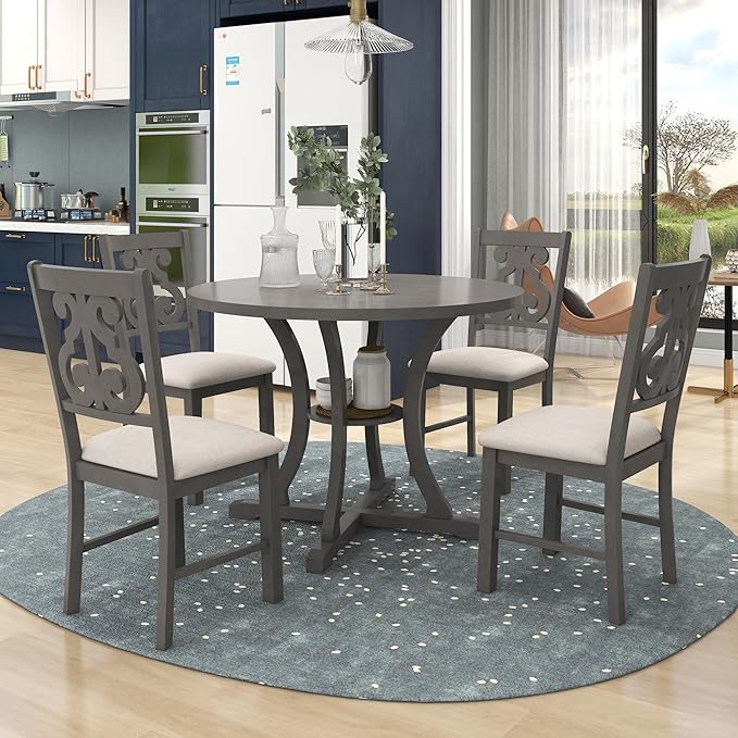 5-Piece Dinette Sets includes Round Kitchen Dining Table & 4 Fabric Chairs with Special-shaped Legs and Storage Shelf, for Diningroom Living Room, Easy to Assemble, Gray 3 - LeafyLoom