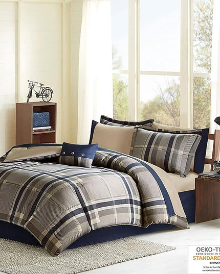 Intelligent Design Robbie Cozy Comforter Set Bed in A Bag, Modern Casual All Season Bedding Set, Matching Sham, Decorative Pillow, Navy/Tan, Twin, 7 Piece - LeafyLoom