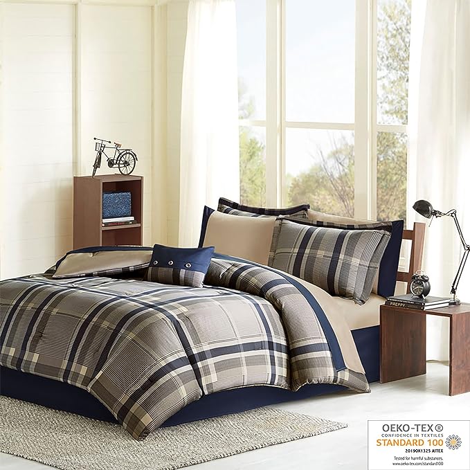 Intelligent Design Robbie Cozy Comforter Set Bed in A Bag, Modern Casual All Season Bedding Set, Matching Sham, Decorative Pillow, Navy/Tan, Full, 9 Piece - LeafyLoom
