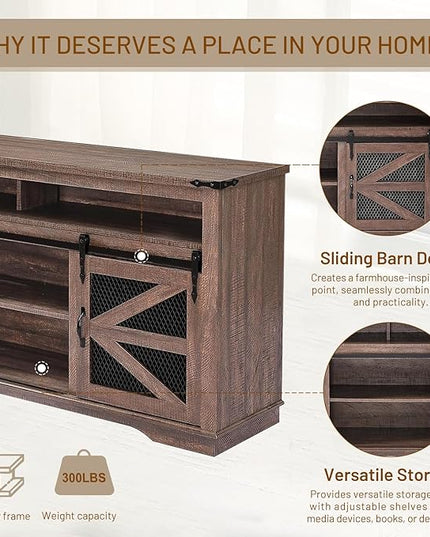 Zanzio 66" Farmhouse TV Stand for up to 75 inch TVs, Rustic Entertainment Center Media Console Table with Sliding Barn Doors Living Room Bedroom Wooden TV Cabinet (Distressed Brown) - LeafyLoom