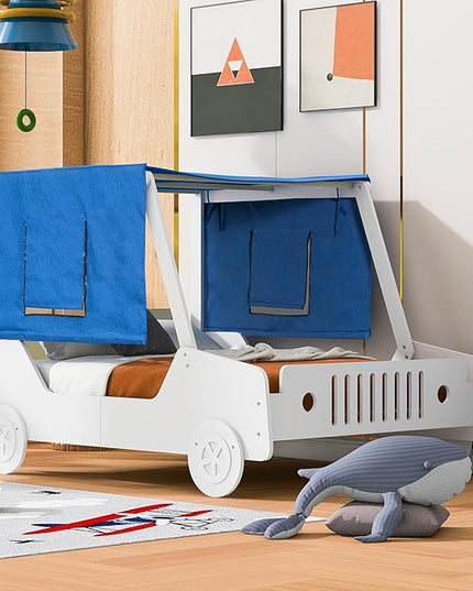 Full Size Kids Car Bed with Tent Canopy & Wheels,Wood Bedframe W/Safty Grille,Raised Base Design,Easy to Assemble,Toddler Boys Car-Shaped Bedroom Beds for Reading Playing Relaxing,White - LeafyLoom