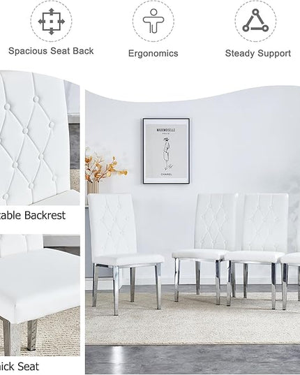 NicBex Dining Chairs Set of 4 Modern PU Dining Room Kitchen Chairs with Embedded Button High Backrest,Silver Metal Legs,Chairs for Dining Room, Kitchen,Living Room, and Restaurants,White - LeafyLoom