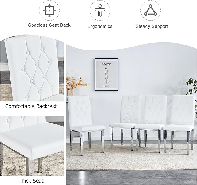 NicBex Dining Chairs Set of 4 Modern PU Dining Room Kitchen Chairs with Embedded Button High Backrest,Silver Metal Legs,Chairs for Dining Room, Kitchen,Living Room, and Restaurants,White - LeafyLoom