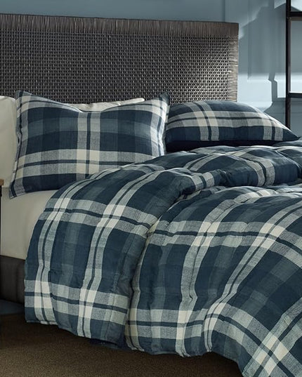 Nautica Home Ultra Soft & Cozy Microsuede Reversible Plaid Quilted Comforter Matching Shams, 3-Piece Bedding Set, Queen, Navy/Blue/White - LeafyLoom