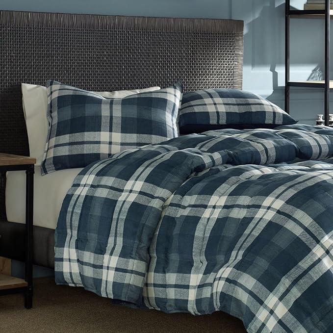Nautica - King Size Comforter Set, Reversible Bedding with Matching Shams, Stylish Plaid Home Decor (Crossview Navy, King) - LeafyLoom