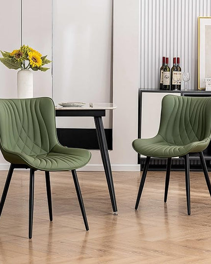 YOUTASTE Dining Chairs Set of 2 Upholstered Mid Century Modern Kitchen Dining Living Room Chairs Armless Faux Leather Accent Chair Metal Vanity Lounge Chair with Back for Bedrooms,Olive Green - LeafyLoom