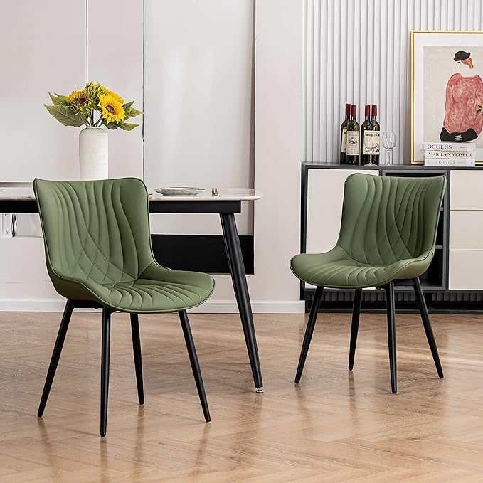 YOUTASTE Dining Chairs Set of 2 Upholstered Mid Century Modern Kitchen Dining Living Room Chairs Armless Faux Leather Accent Chair Metal Vanity Lounge Chair with Back for Bedrooms,Olive Green - LeafyLoom