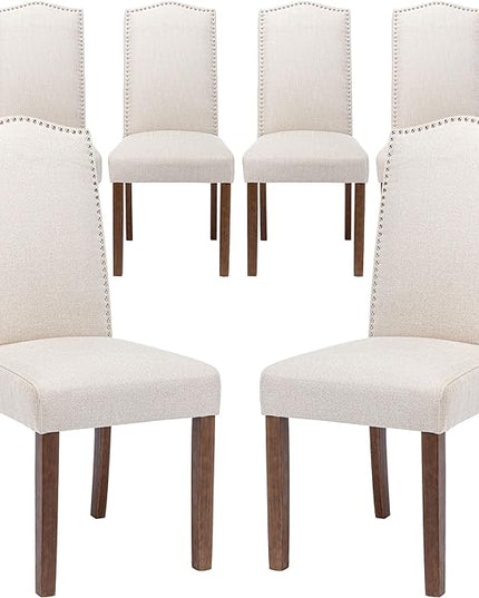 Stylish Upholstered Parsons Nailhead Trim and Sturdy Solid Wood Legs Dining Chairs, Set of 6, Cream - LeafyLoom