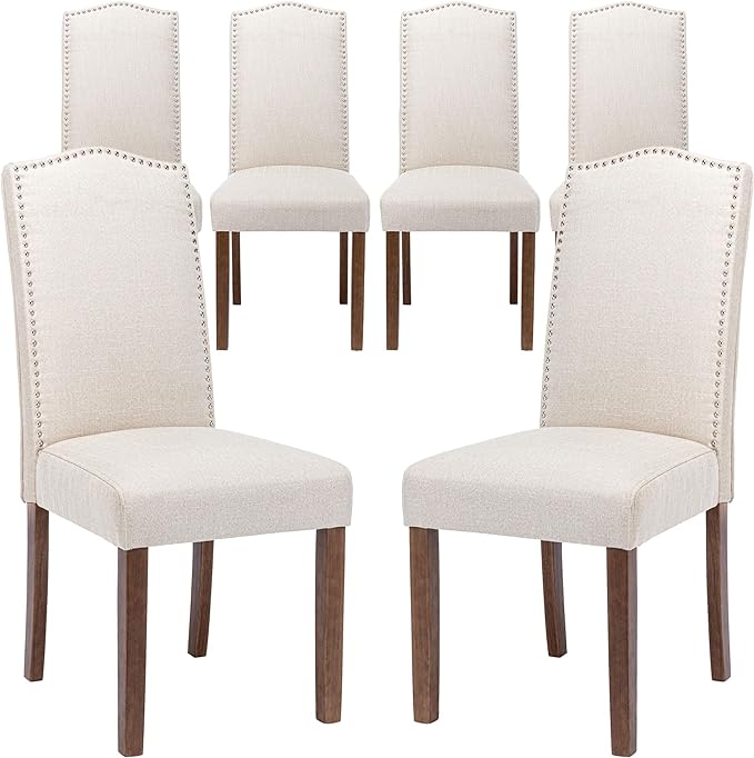 Stylish Upholstered Parsons Nailhead Trim and Sturdy Solid Wood Legs Dining Chairs, Set of 6, Cream - LeafyLoom