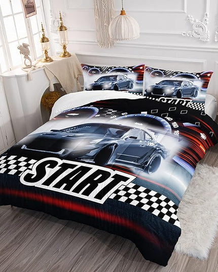 Axolotl Race Car Comforter Set Queen Size,Extreme Sports Bedding Set for Boys Teens Kids Girls Room Decor,Cool Speed Luxury Car Quilt Bed Set with 1 Comforter 2 Pillowcases Car Racing Gifts - LeafyLoom