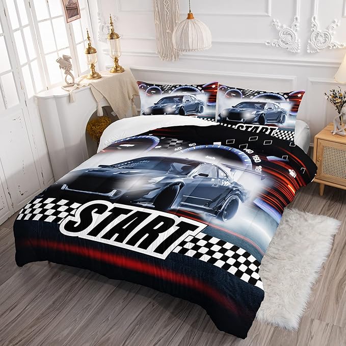Axolotl Race Car Comforter Set Full Size,Extreme Sports Bedding Set for Boys Teens Kids Girls Room Decor,Cool Speed Luxury Car Quilt Bed Set with 1 Comforter 2 Pillowcases Car Racing Gifts - LeafyLoom