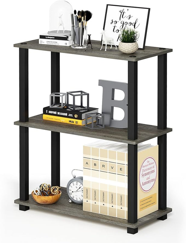 Furinno Turn-S-Tube 3-Tier Compact Multipurpose Shelf Display Rack with Square Tube, French Oak Grey/Black - LeafyLoom