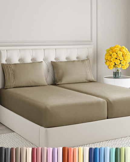 Split King Size 5 Piece Sheet Set - Comfy Breathable & Cooling Sheets - Hotel Luxury Bed Sheets for Women & Men - Deep Pockets, Easy-Fit, Soft & Wrinkle Free Sheets - Khaki Oeko-Tex Bed Sheet Set - LeafyLoom
