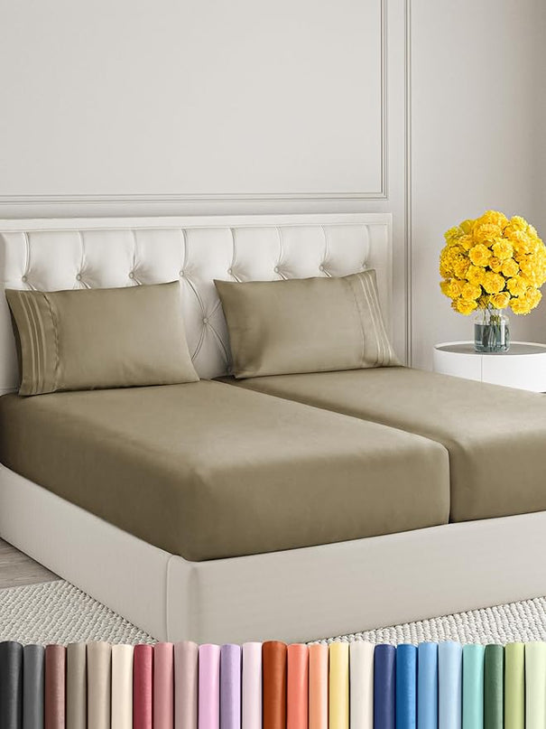 Split King Size 5 Piece Sheet Set - Comfy Breathable & Cooling Sheets - Hotel Luxury Bed Sheets for Women & Men - Deep Pockets, Easy-Fit, Soft & Wrinkle Free Sheets - Khaki Oeko-Tex Bed Sheet Set - LeafyLoom