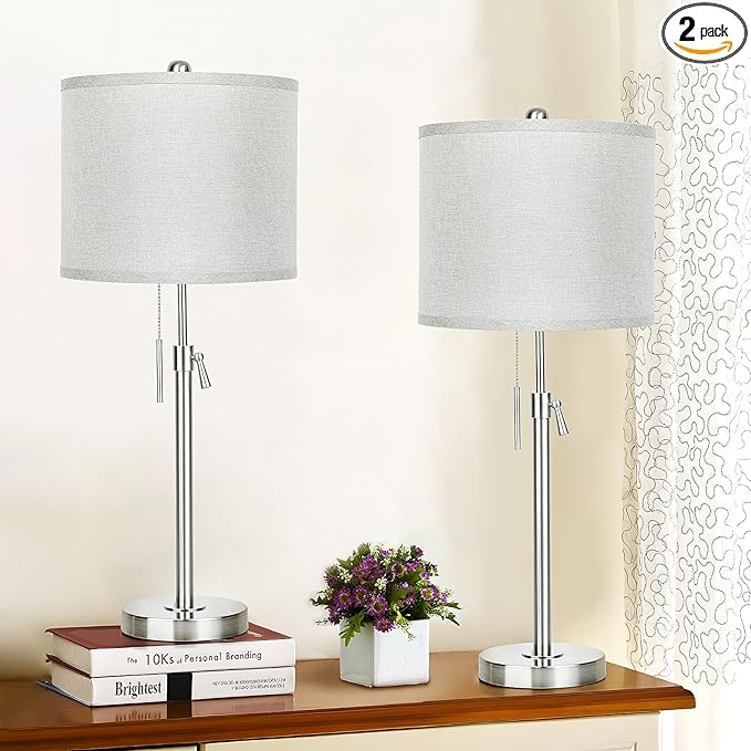 Brushed Nickel Table Lamps Set of 2: 22" to 30" Height Adjustable Nightstand Lamps with Grey Linen Shade Pull Chain Switch Silver Pole Beside Lamp for Living Room Bedroom (Brushed Nickel,Grey Shade) - LeafyLoom