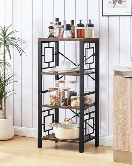 Bookshelf, Vintage Industrial 4 Tier Bookshelf, Freestanding Narrow Bookcase with Rustic Wood and Metal, Small Bookshelf for Home Office, Bedroom & Living Room, Retro Brown - LeafyLoom