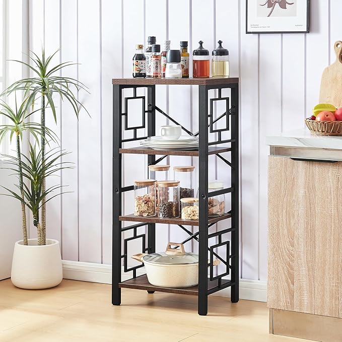 Bookshelf, Vintage Industrial 4 Tier Bookshelf, Freestanding Narrow Bookcase with Rustic Wood and Metal, Small Bookshelf for Home Office, Bedroom & Living Room, Retro Brown - LeafyLoom