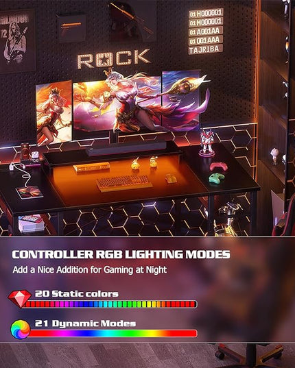 armocity Computer Desk with LED Lights, 48 Inch Reversible Large Desk with Power Outlet and USB, 48'' Gaming PC Table with Moveable Monitor Stand for Home Office, Workstation, Black - LeafyLoom