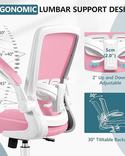 MINLOVE Office Chair Ergonomic Desk Chair with Adjustable Lumbar Support and Height, 90° Flip-up Armrests, Ergo Desk Chairs with Wheels, Home Work Use (Pink) - LeafyLoom