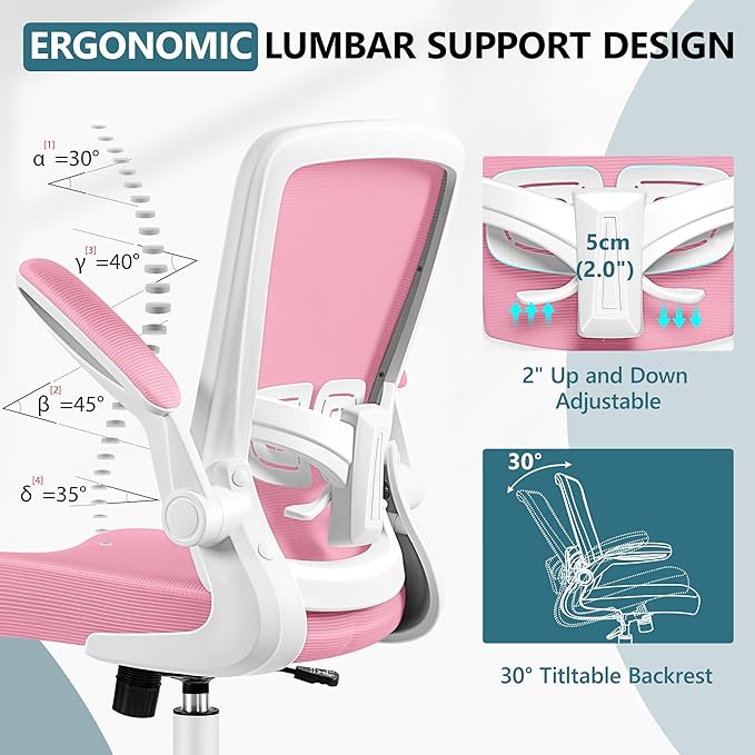 MINLOVE Office Chair Ergonomic Desk Chair with Adjustable Lumbar Support and Height, 90° Flip-up Armrests, Ergo Desk Chairs with Wheels, Home Work Use (Pink) - LeafyLoom