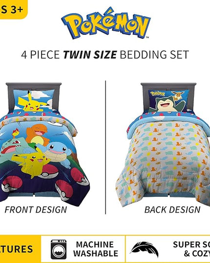 Franco Kids Bedding Super Soft Comforter and Sheet Set, 4 Piece Twin Size, Pokemon (Prints May vary) - LeafyLoom